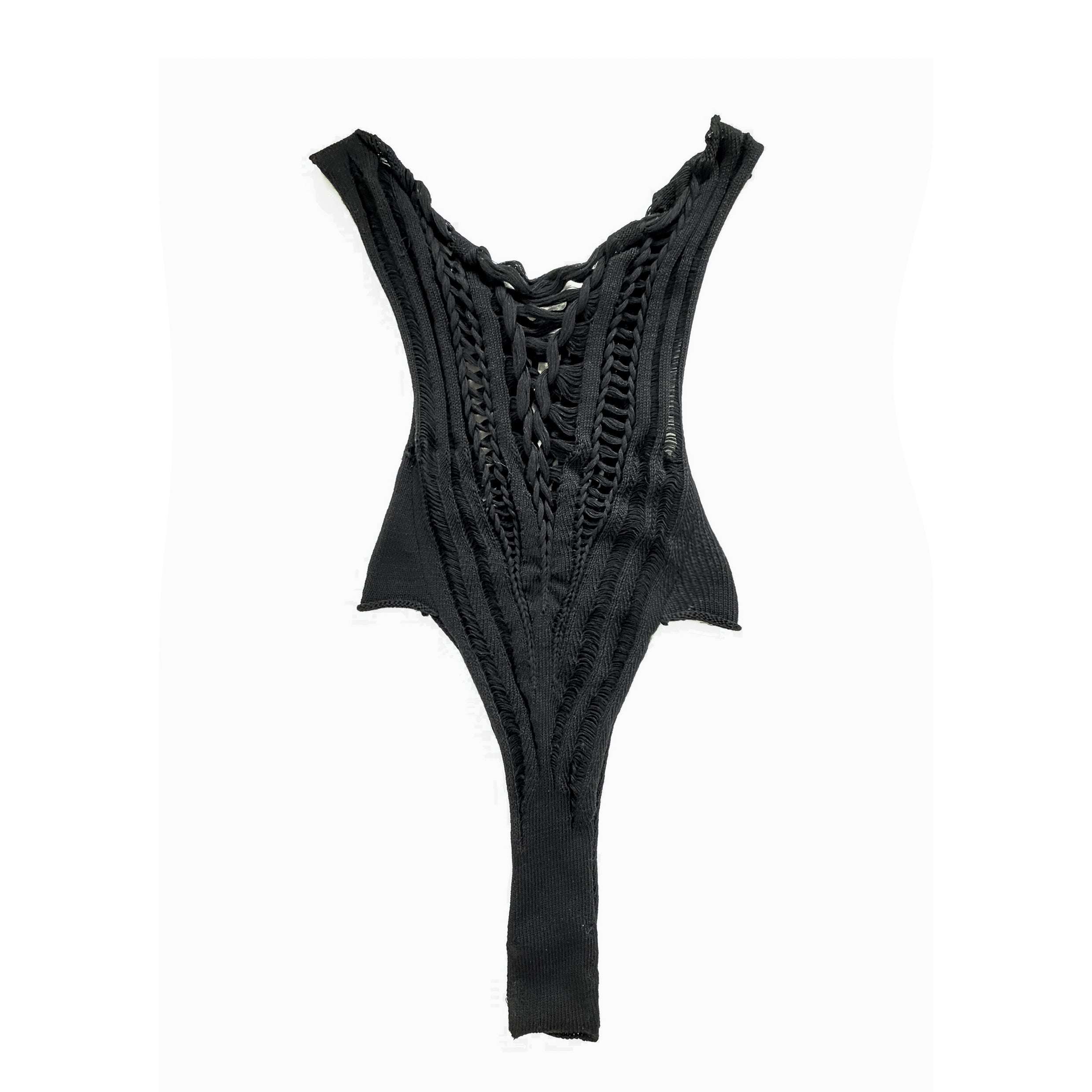 Black lace bodysuit on a white background